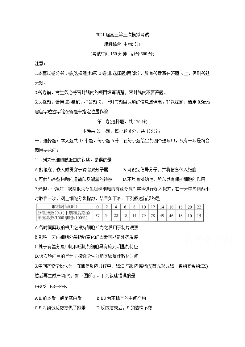 2021柳州高三下学期3月第三次模拟考试生物含答案第1页