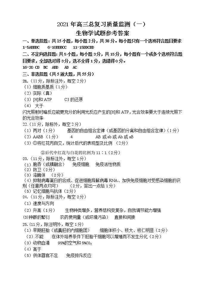 2021丹东高三下学期总复习质量测试（一）（一模）生物试题（可编辑）PDF版含答案01
