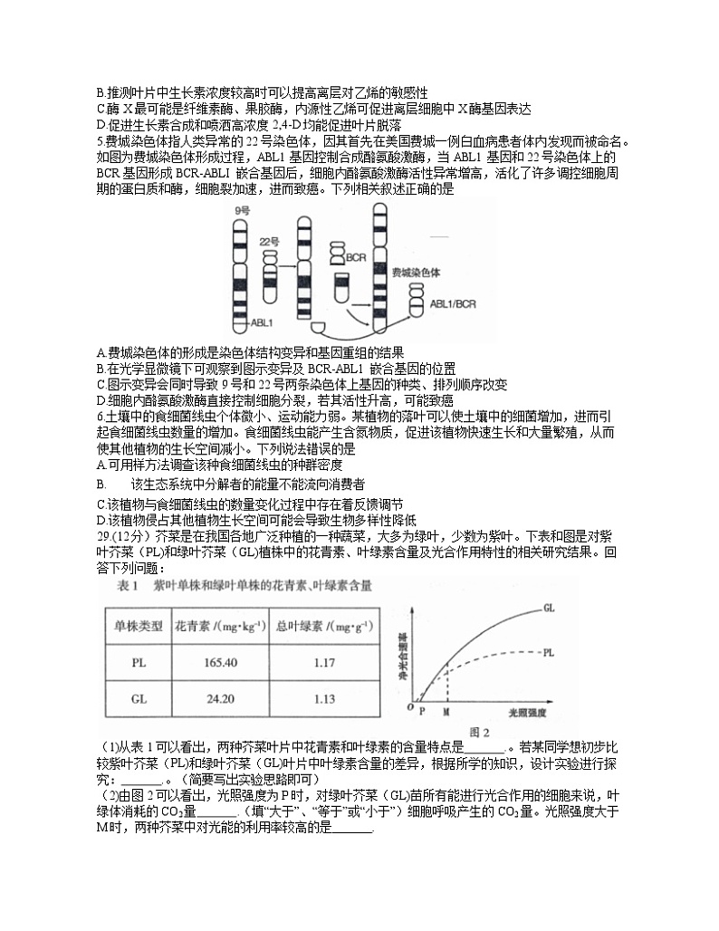 2021呼和浩特高三下学期第一次质量普查调研考试（3月）理科综合生物试题含答案02