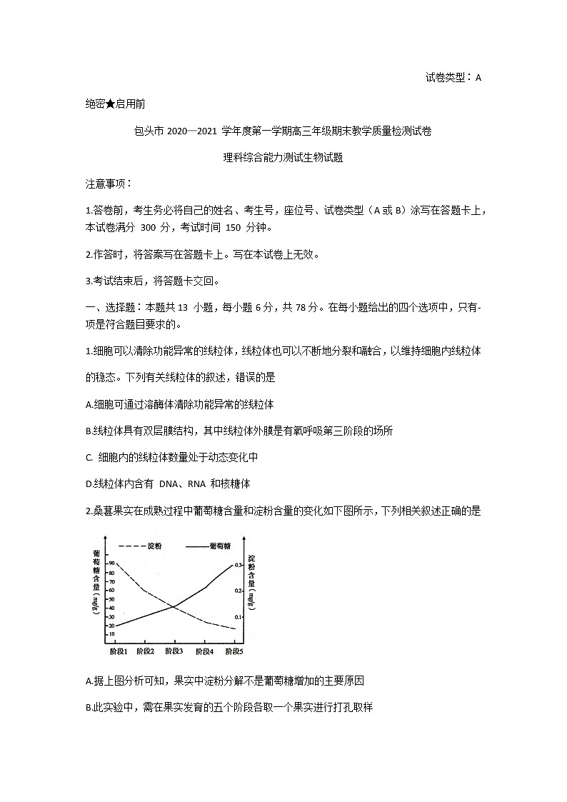 2021包头高三上学期期末考试理科综合生物试题含答案第1页