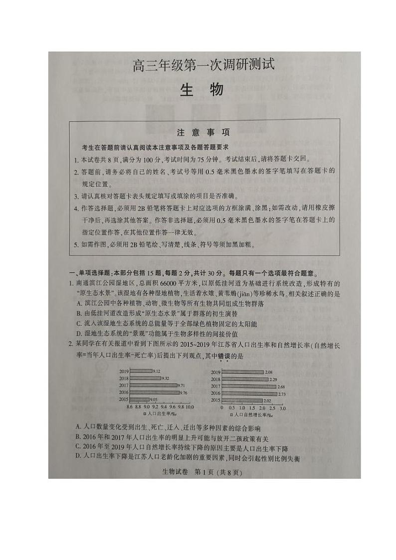 2021南通、徐州、宿迁、淮安、泰州、镇江六联考高三下学期第一次调研考试生物试题图片版含答案01