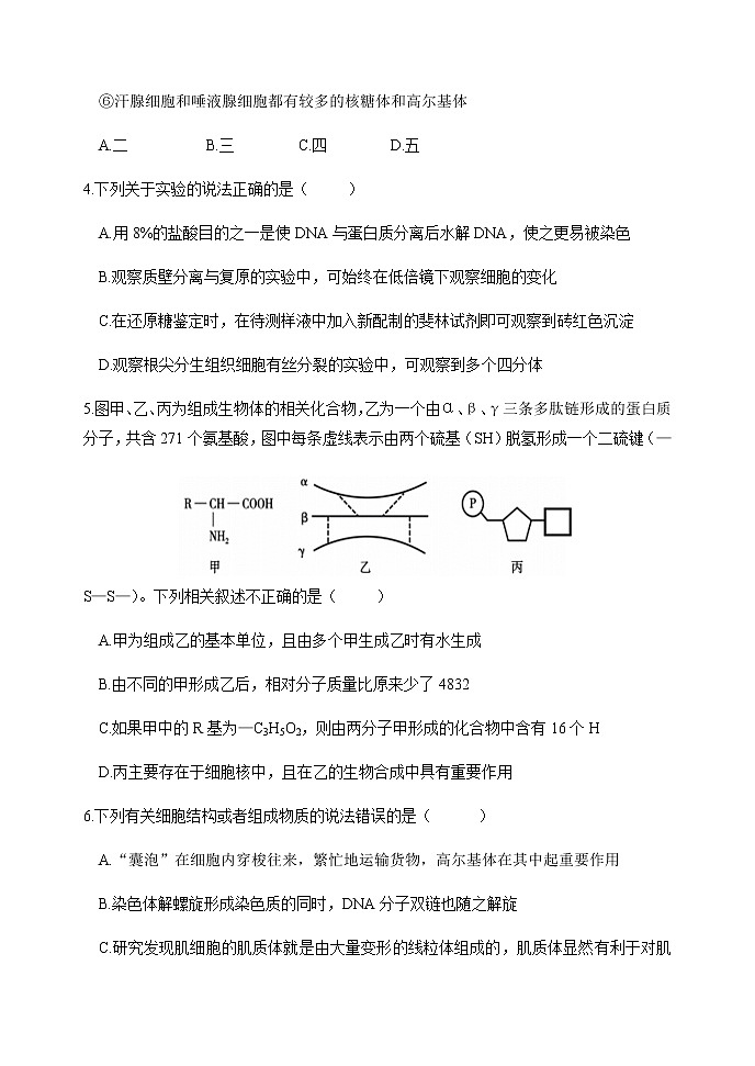 2021重庆市实验中学校高三上学期第一学月测试生物试题含答案02