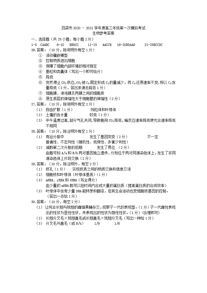 2021吕梁高三上学期第一次模拟考试生物试题PDF版含答案01
