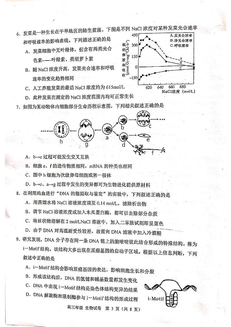 2021天津河西区高三上学期期末质量调查生物试卷扫描版含答案03