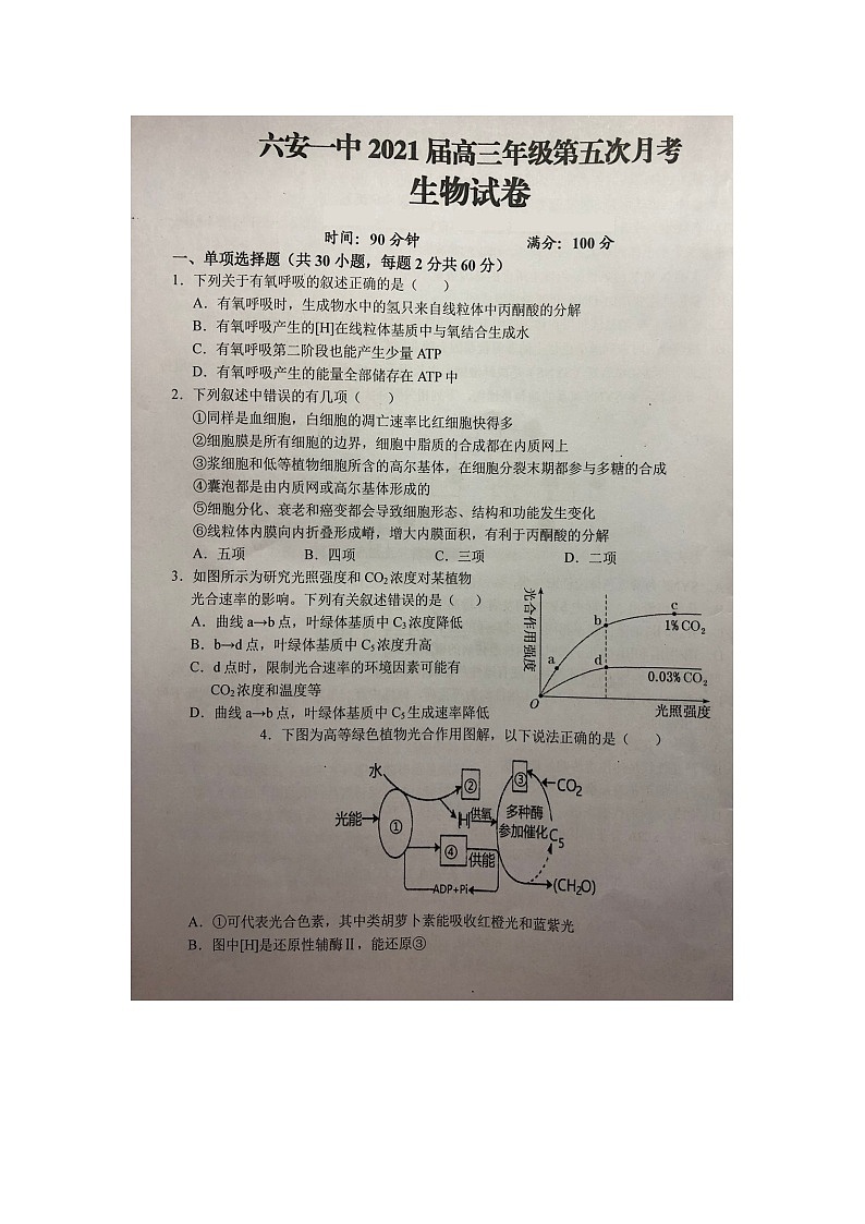 2021六安一中高三上学期第五次月考生物试题扫描版含答案01