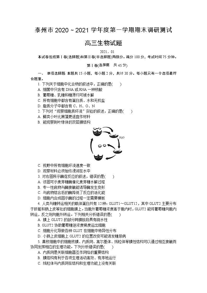 2021泰州高三上学期期末生物含答案第1页