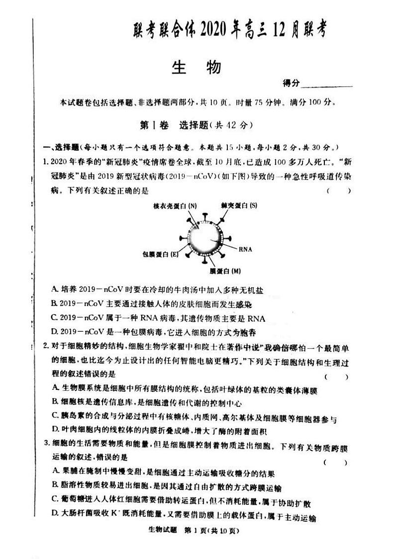 2021湖南名校联考联合体高三上学期12月联考生物试题图片版含答案01