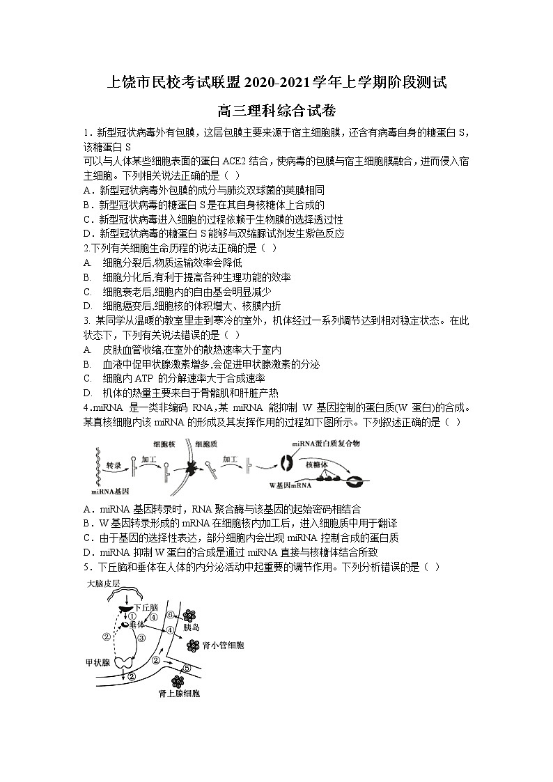 2021上饶民校联盟高三上学期阶段测试（二）联考理科综合生物试卷含答案第1页
