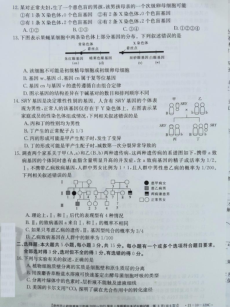 2021沧州七校联盟高三上学期期中考试生物试题扫描版含答案03