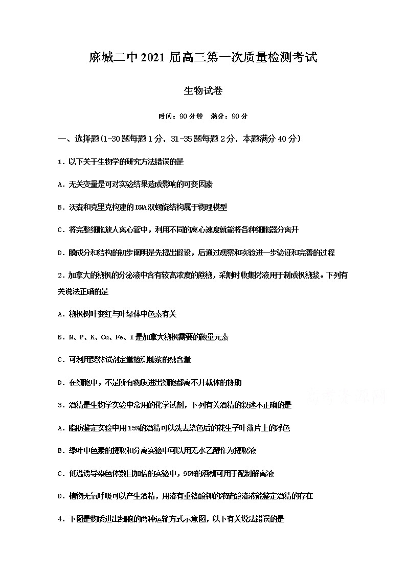 2021黄冈麻城二中高三上学期第一次质量检测生物试题含答案01