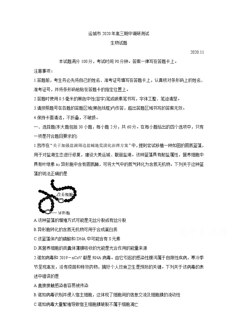 2021运城高三上学期期中考试生物含答案01