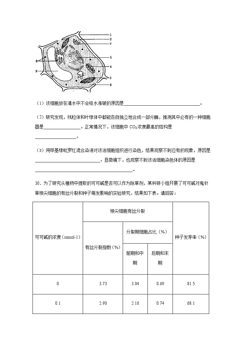 2021南充白塔中学高三上学期第二次月考生物试题含答案03