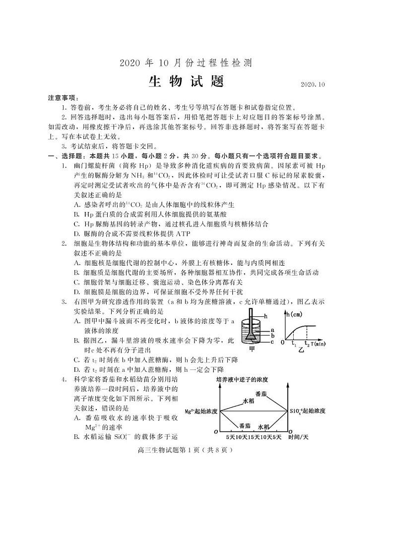 山东省潍坊高密市等三县市2021届高三10月过程性检测生物试题（可编辑PDF版）第1页