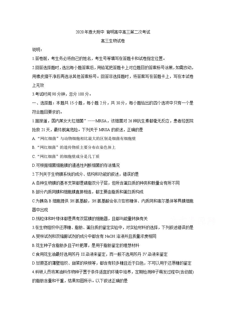 2021锦州渤大附中、育明高中高三上学期第二次月考试题生物含答案01