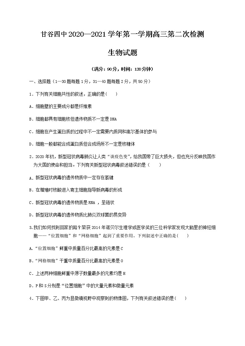 2021天水甘谷县四中高三上学期第二次检测生物试题含答案第1页