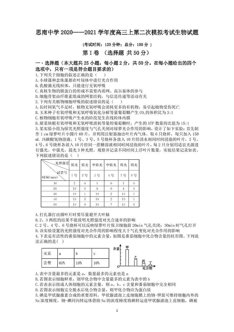 思南中学2020—2021学年度高三生物第二次月考生物试题第1页