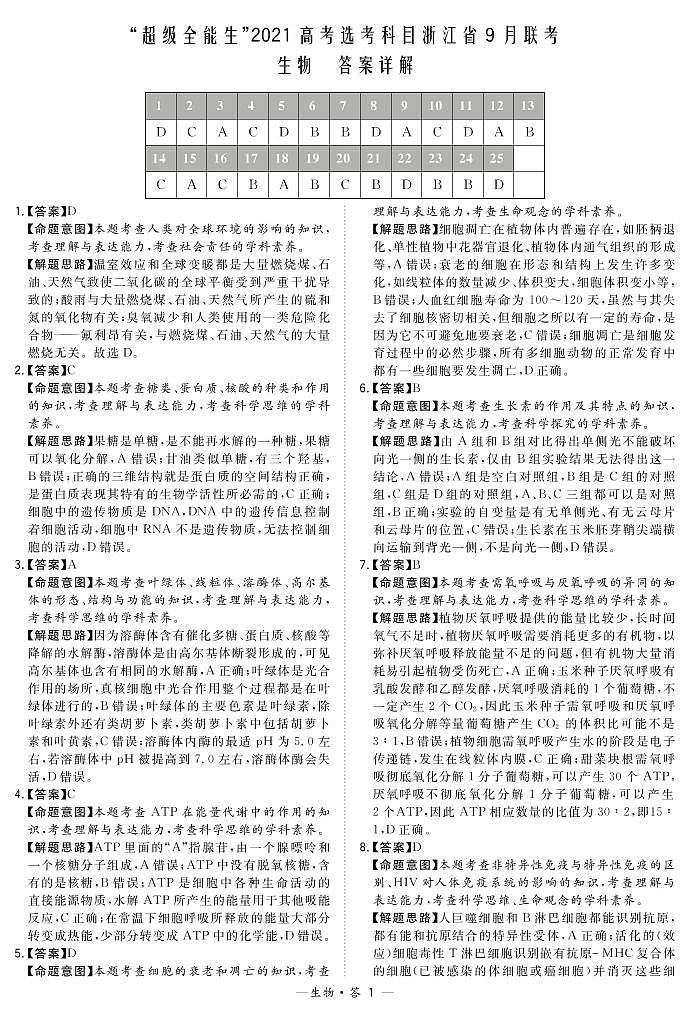2021“超级全能生”高考选考科目浙江省9月联考试题生物PDF版含解析01