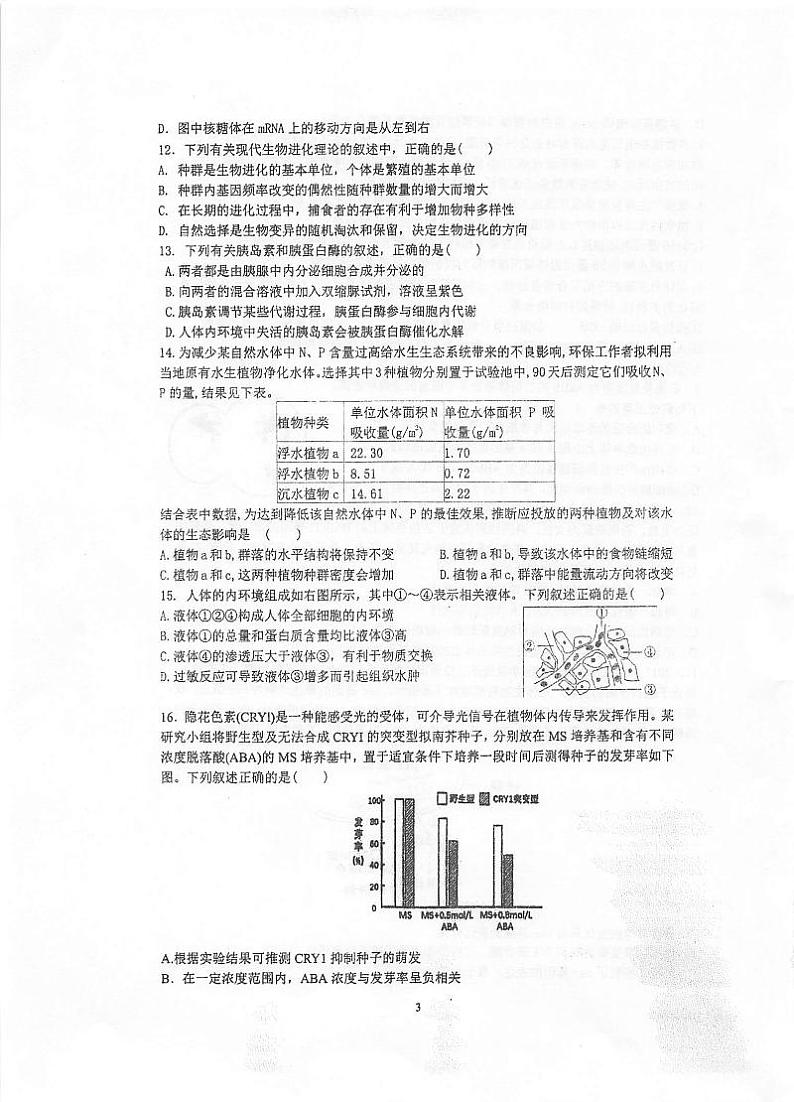 2020泰州中学高三第五次模拟考试生物试题扫描版含答案03