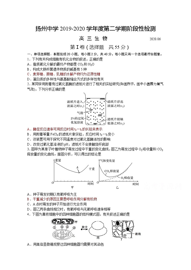 2020扬州中学高三下学期6月阶段性检测生物含答案01