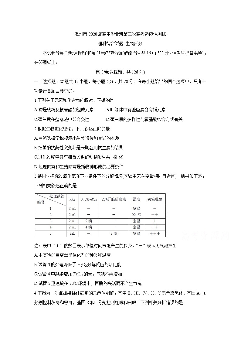 2020漳州高三第二次高考适应性测试（居家分散测试）生物含答案第1页