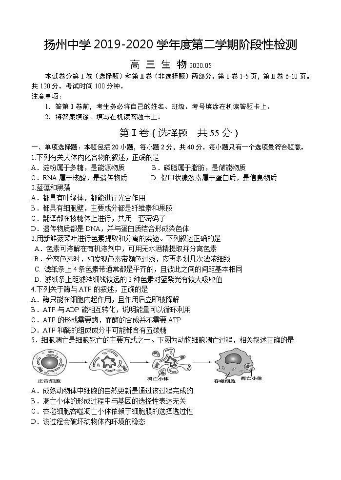 2020扬州中学高三下学期5月质量检测生物含答案01