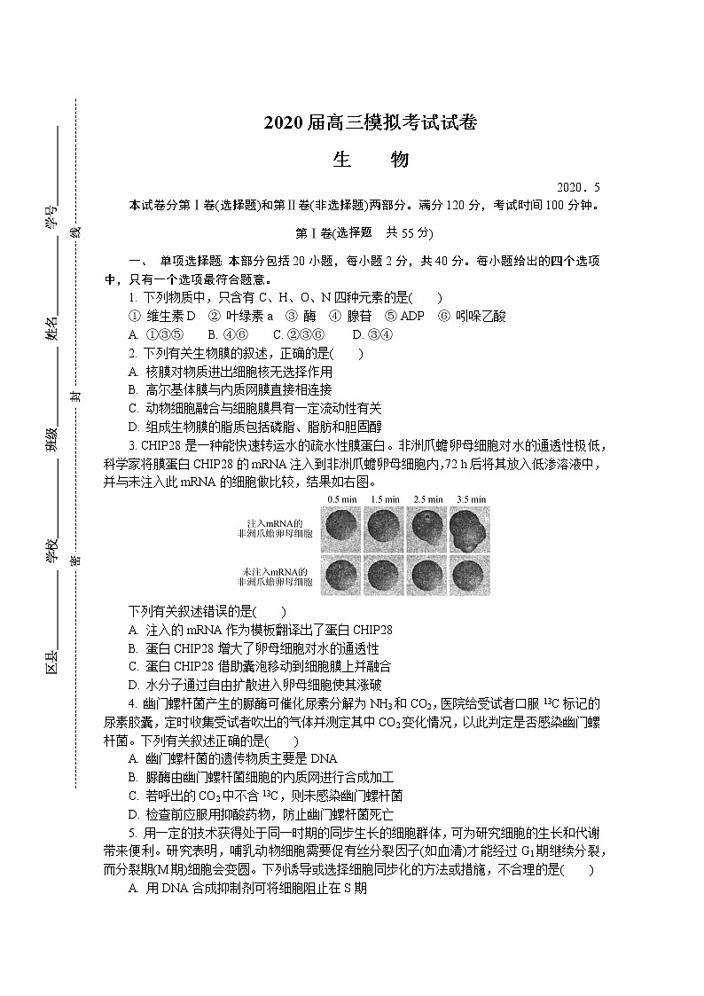 2020泰州高三第二次模拟考试（5月）生物含答案01