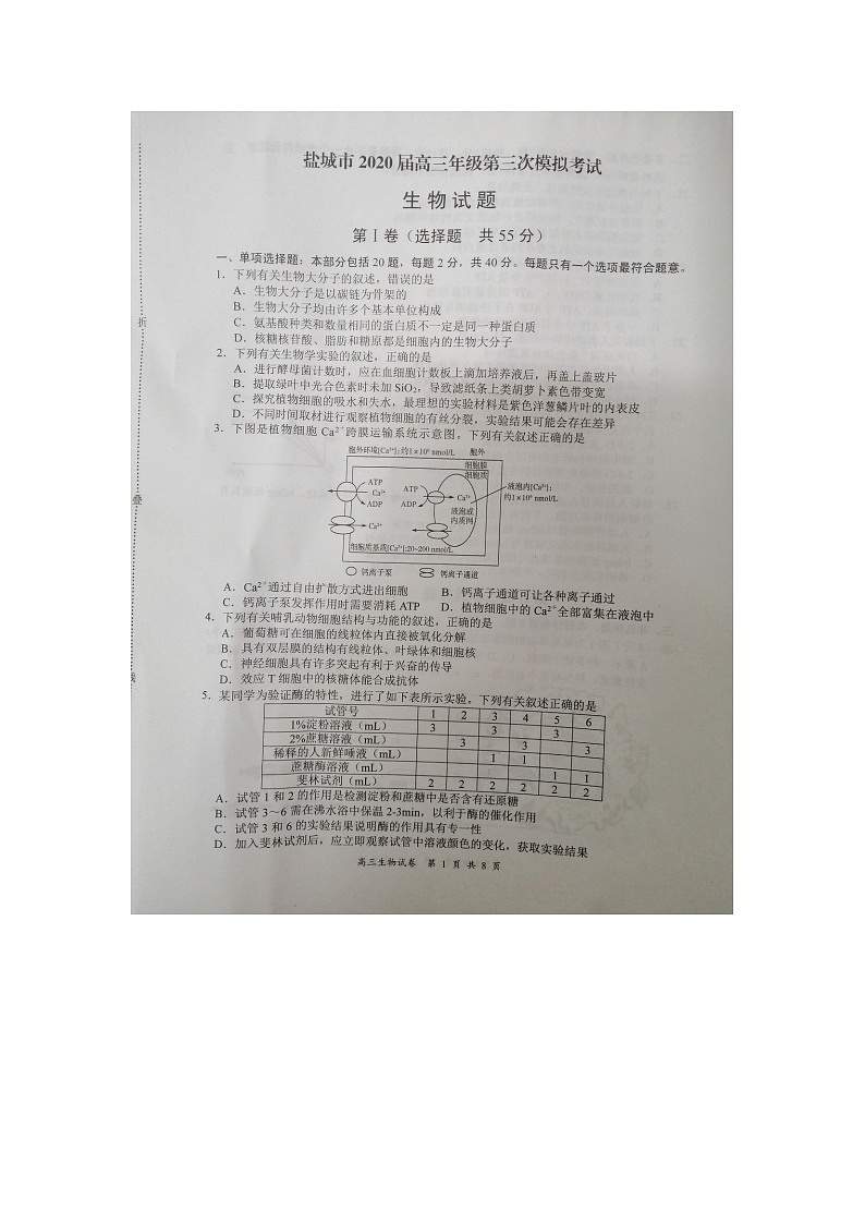 2020盐城高三第三次模拟考试生物试题扫描版含答案01