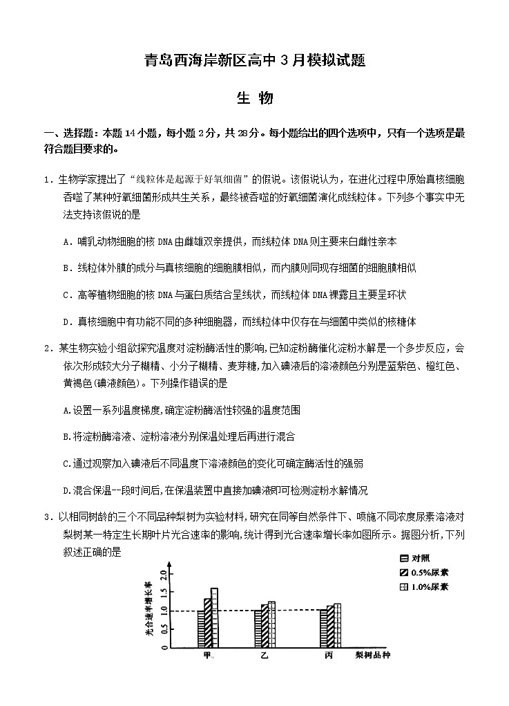 2020青岛西海岸新区（黄岛区）高三3月模拟考试生物试题含答案第1页