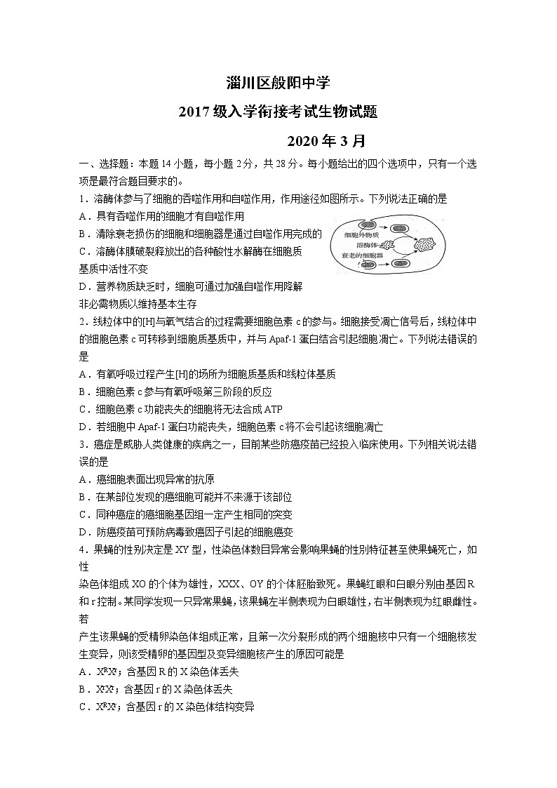 2020淄博淄川区般阳中学高三下学期入学衔接考试生物试题含答案第1页