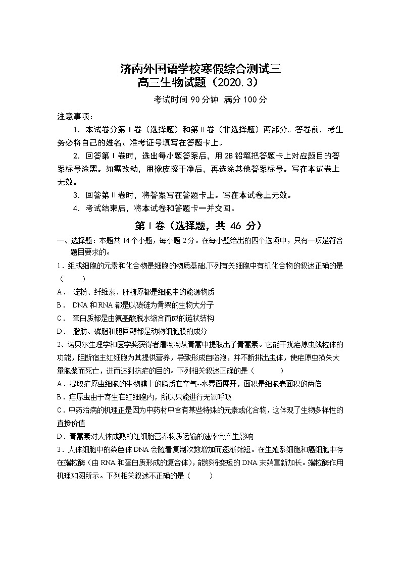 2020济南外国语学校高三寒假测试（三）生物试题含答案第1页
