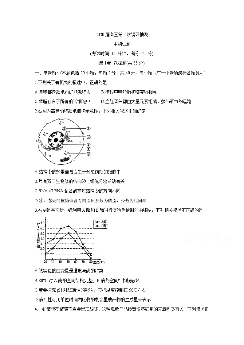 2020南通通州区高三第二次调研抽测试题生物含答案01