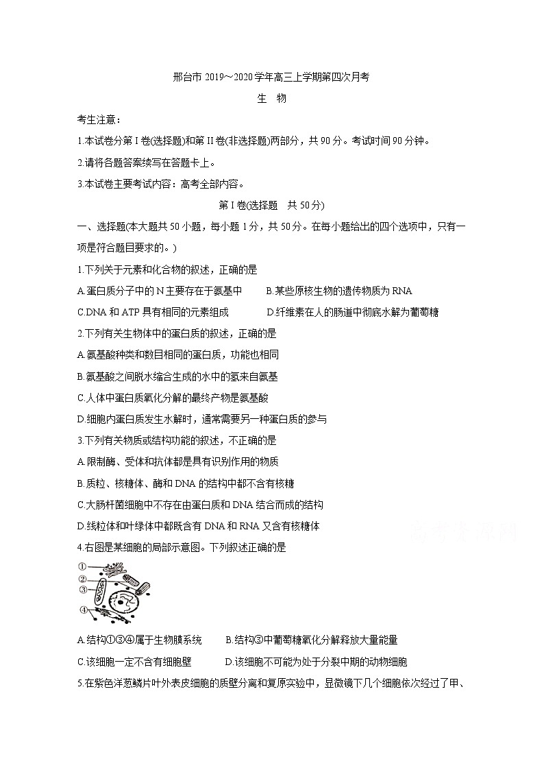 2020邢台高三上学期第四次月考试题生物含答案第1页