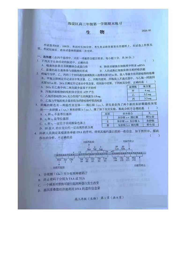 2020北京海淀区高三上学期期末考试生物试题PDF版缺答案01