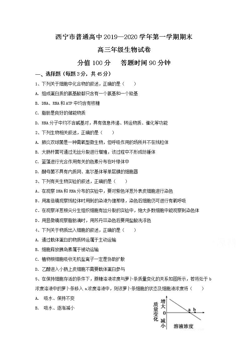 2020西宁六校（沈那、昆仑、总寨、海湖、21中、三中）高三上学期期末考试生物试题PDF版含答案第1页