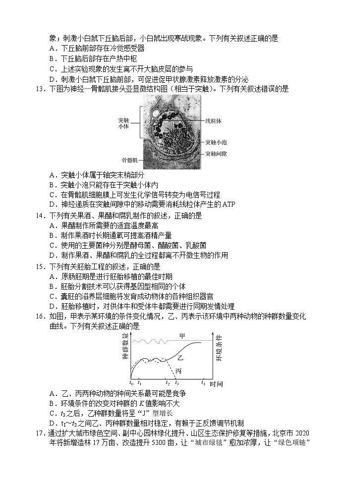2020南京、盐城高三第一次模拟考试（1月）生物含答案03