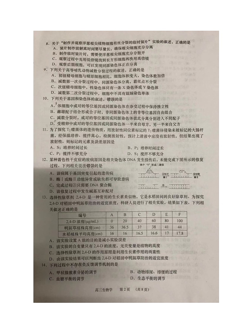 2020如皋高三上学期教学质量调研（三）生物（选修）试题扫描版含答案02
