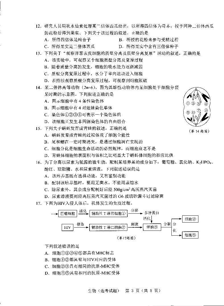 2020温州高三11月普通高中高考适应性测试一模生物试题PDF版含答案03