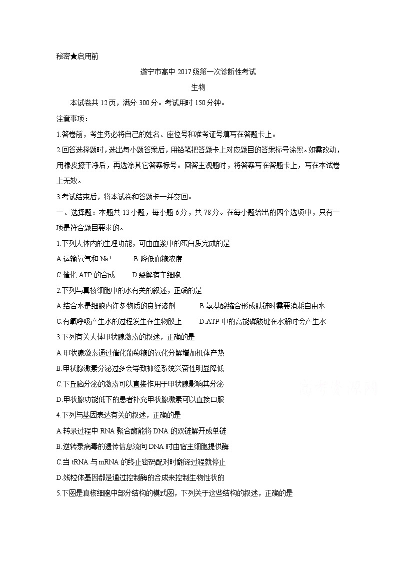 2020遂宁高三第一次诊断考试生物含答案01