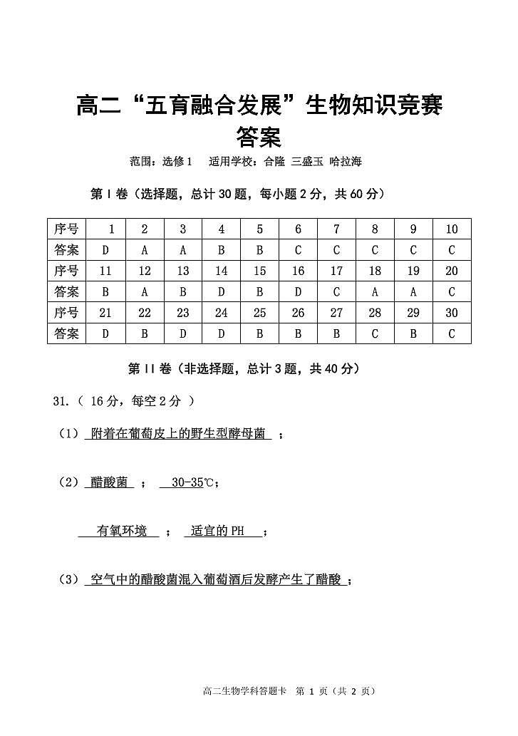 高二“五育融合发展”生物知识竞赛答案选修1(2)第1页
