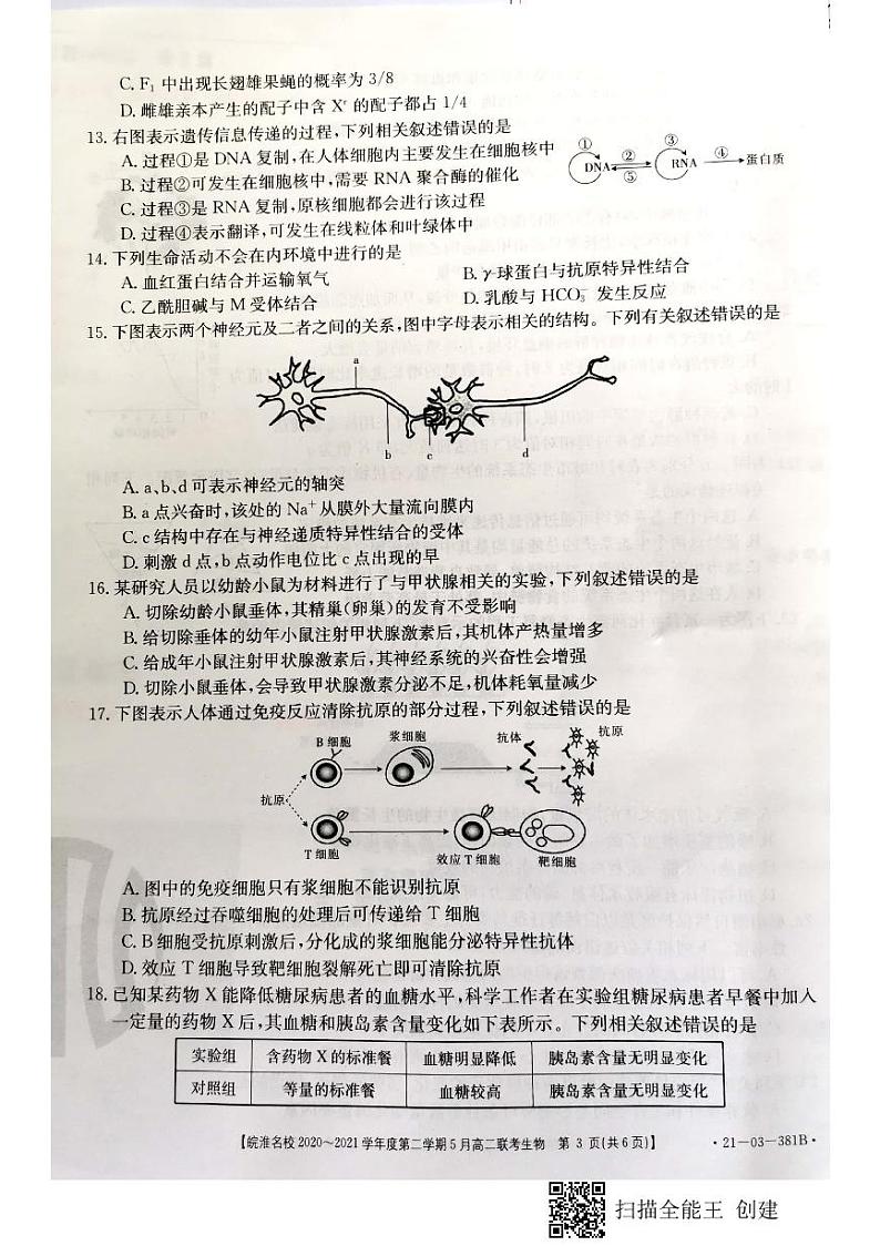 安徽省皖淮名校2020-2021学年高二5月联考生物试题第3页