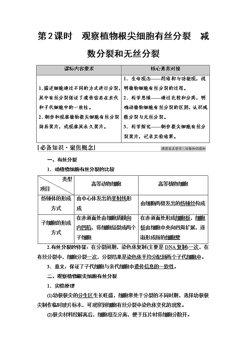 苏教版高中生物必修1第4章第1节第2课时观察植物根尖细胞有丝分裂减数分裂和无丝分裂学案01