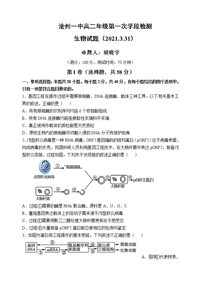 2021沧州一中高二下学期第一次月考生物试卷含答案第1页