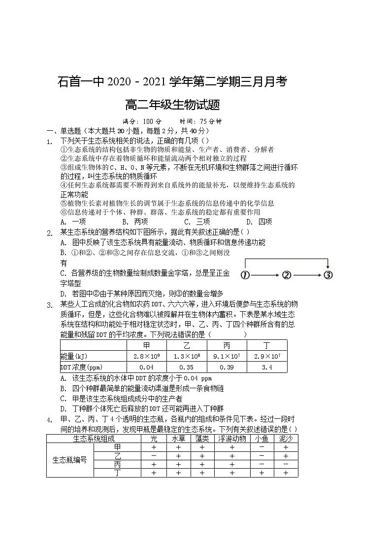 湖北省石首一中2020-2021学年高二下学期3月月考生物试题第1页
