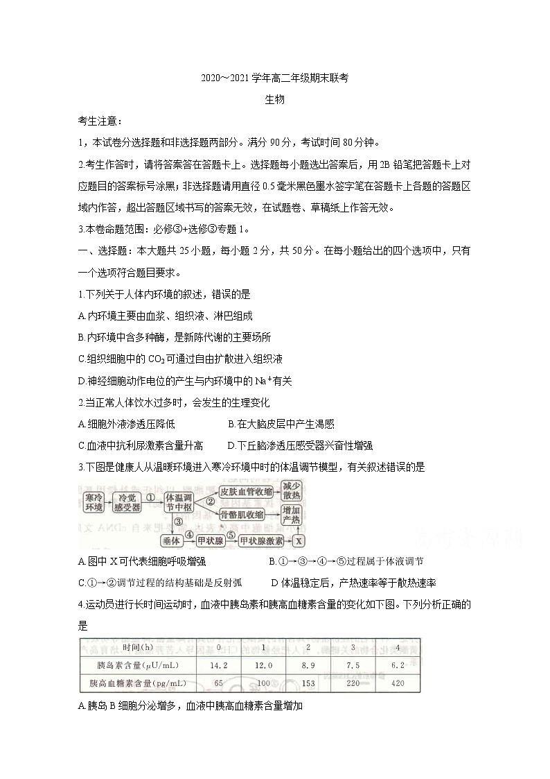 2021开封高二上学期五县联考期末生物含答案 试卷01