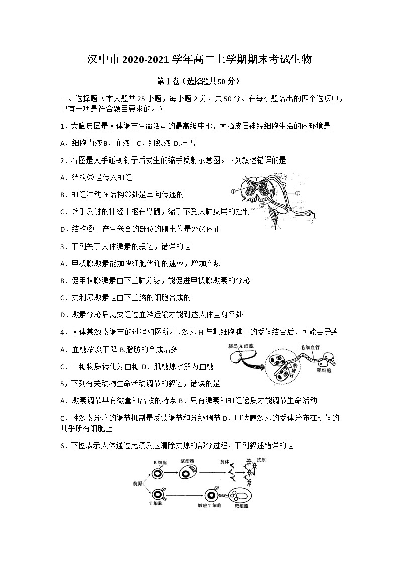 2021汉中高二上学期期末考试生物试题含答案01