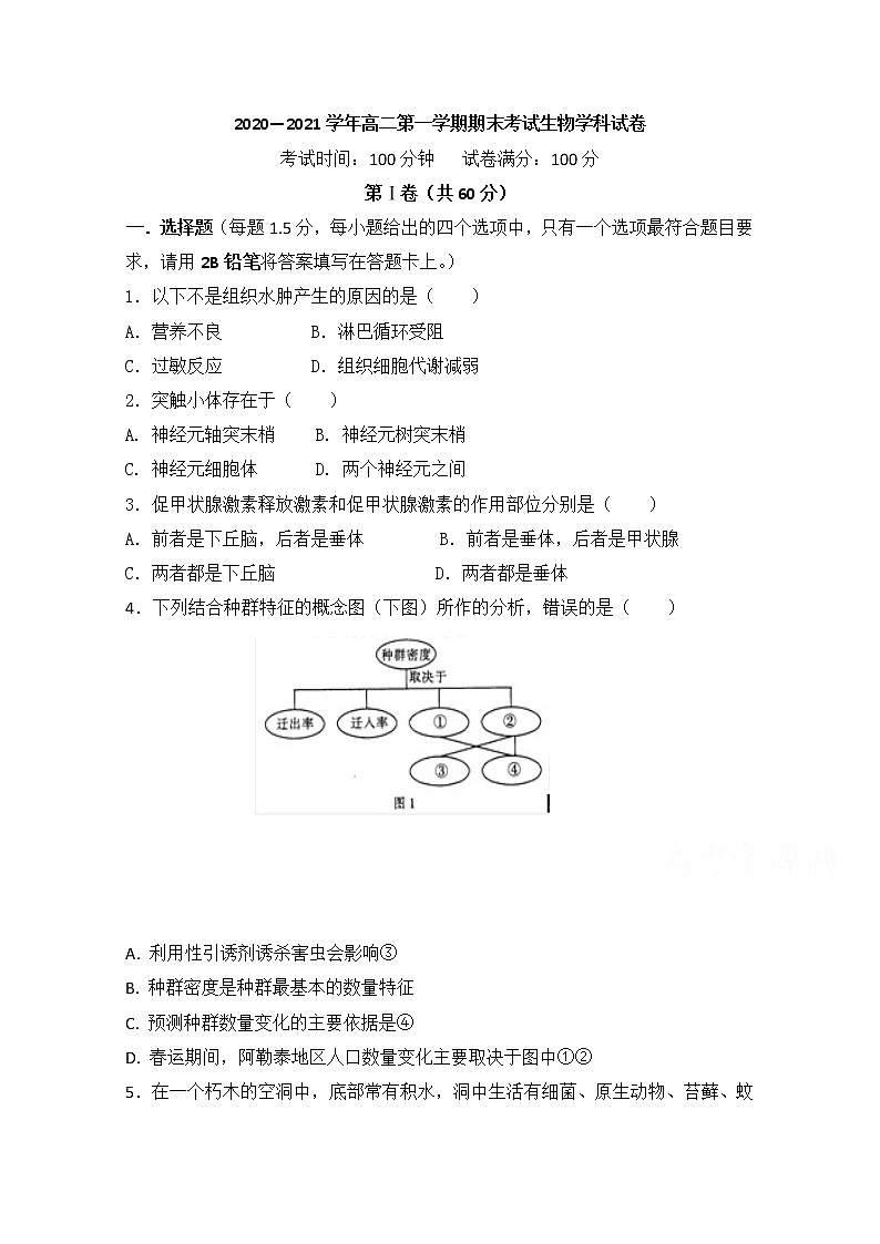 2021阿勒泰地区高二上学期期末考试生物试题含答案第1页