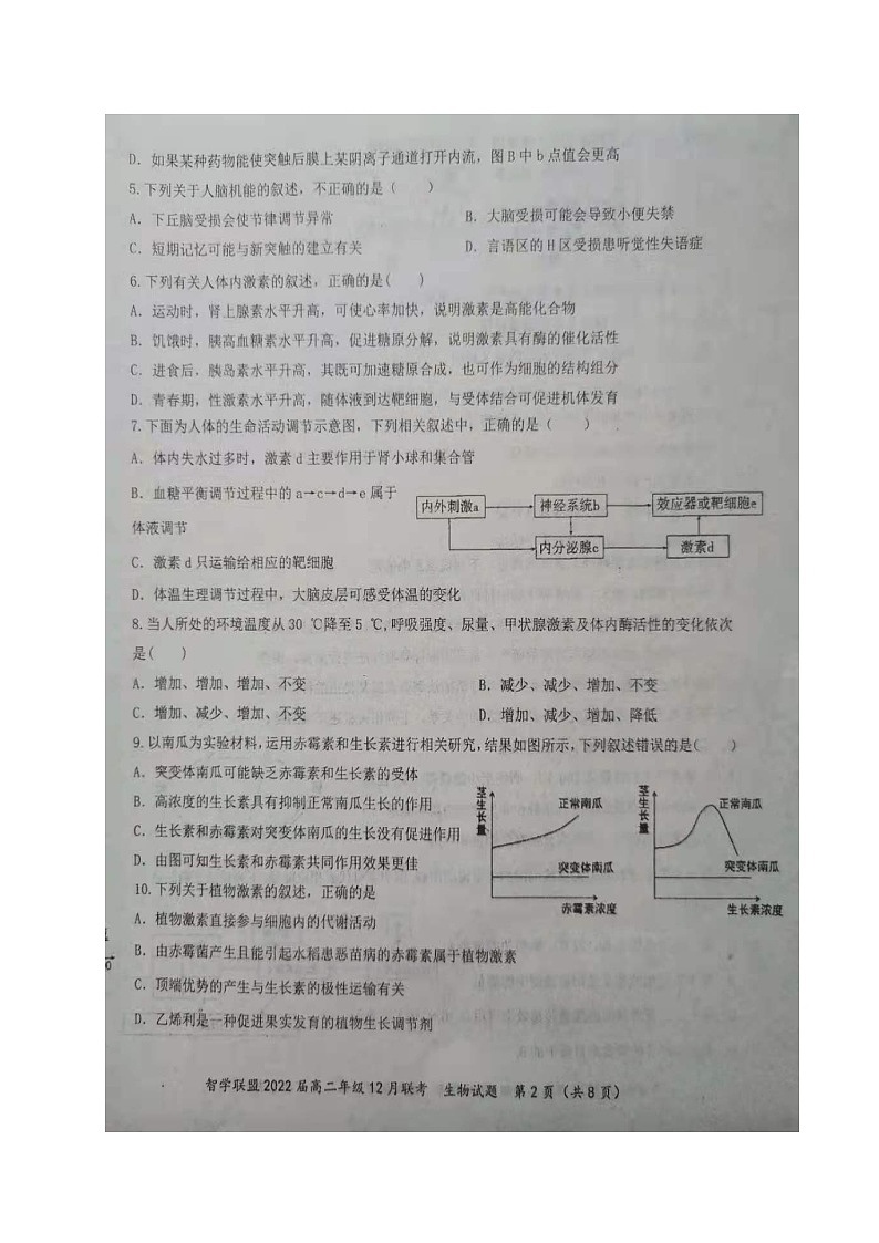 湖北省智学联盟2020-2021学年高二12月联考生物试题第2页