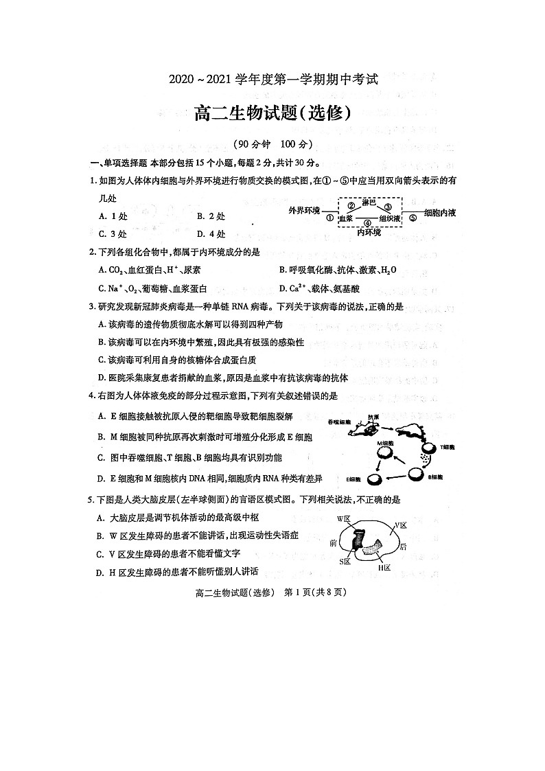2021徐州高二上学期期中考试生物试卷（选修）扫描版含答案01