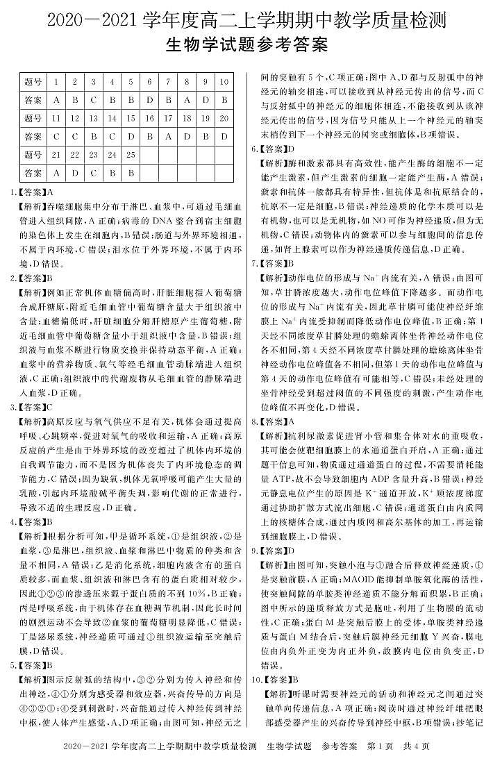 2021信阳高二上学期期中生物试题扫描版含答案01