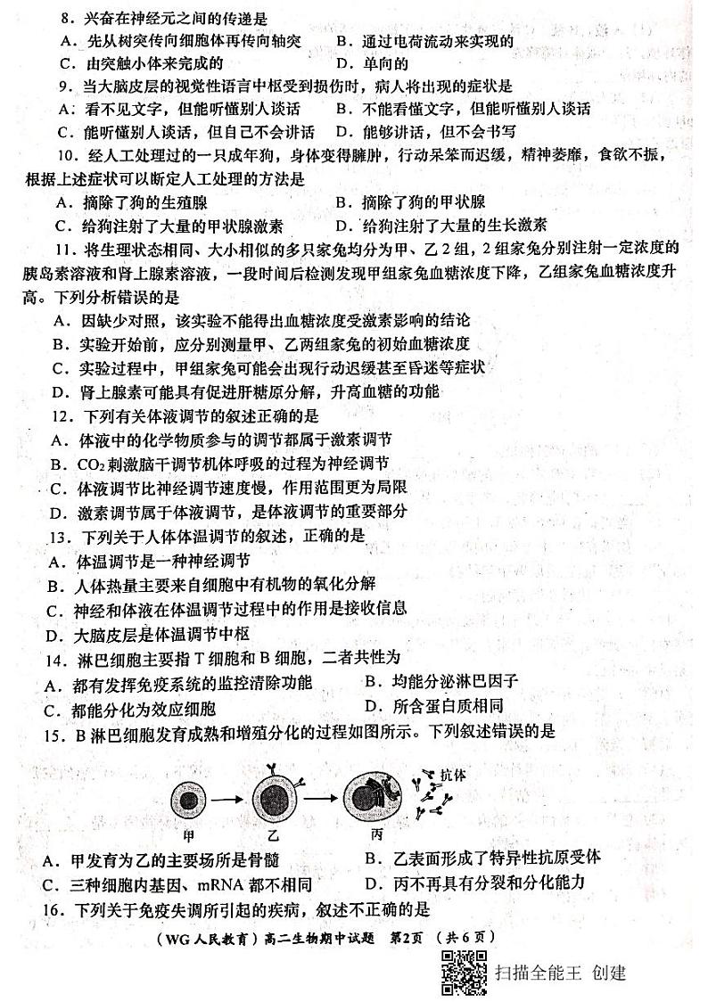 陕西省咸阳市武功县2020-2021学年高二上学期期中考试生物试题第2页